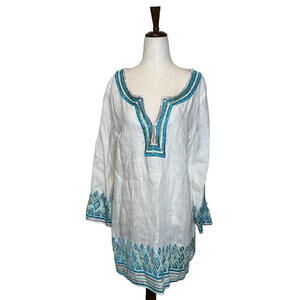 Calypso St Barth Linen Embroidered Tunic Top L Beaded White Beachy Cover Up Swim